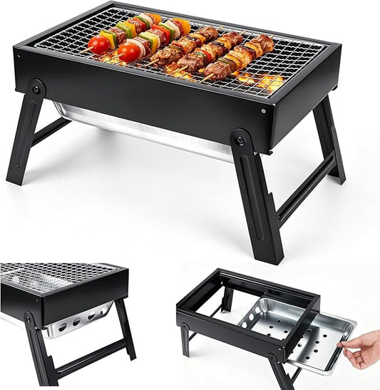 Portable Folding Charcoal Grills, 13.7“x8.7"7.5" Small Camping Campfire Grill, Barbecue Grill for Outdoor Travel Backyard Picnic Beach, with 8-Piece BBQ Accessories