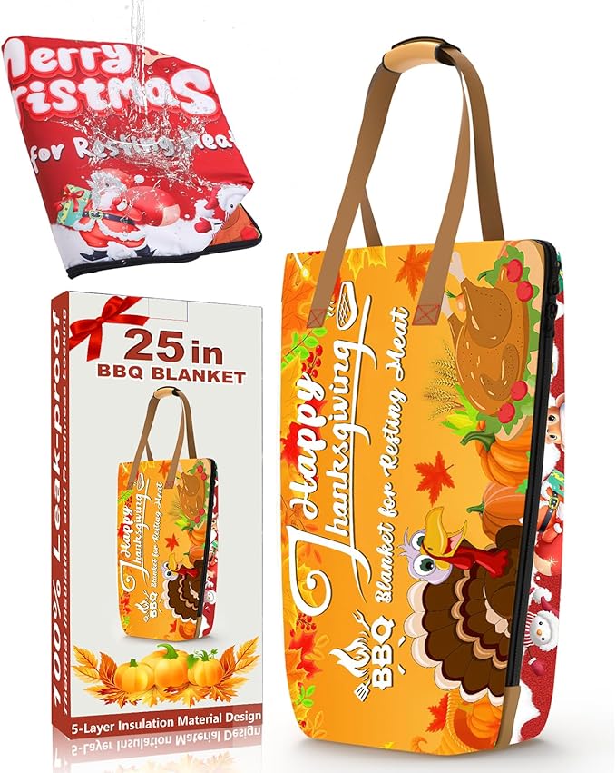 BBQ Blanket for Resting Meat, Reusable Smoker Grilling Insulated Resting Bag with Wide Mouth for Large Brisket/Beef/Turkey (Holiday 25in)