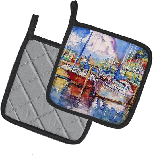 Caroline's Treasures JMK1247PTHD Tree Boats Sailboats Pair of Pot Holders Kitchen Heat Resistant Pot Holders Sets Oven Hot Pads for Cooking Baking BBQ, 7 1/2 x 7 1/2