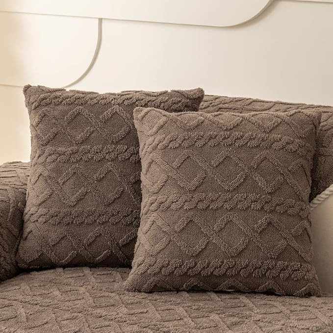 vctops Pack of 2 Geometric Jacquard Plush Throw Pillow Covers for Couch Bed Sofa Farmhouse Neutral Solid Color Soft Cushion Covers (Brown,18"x18")