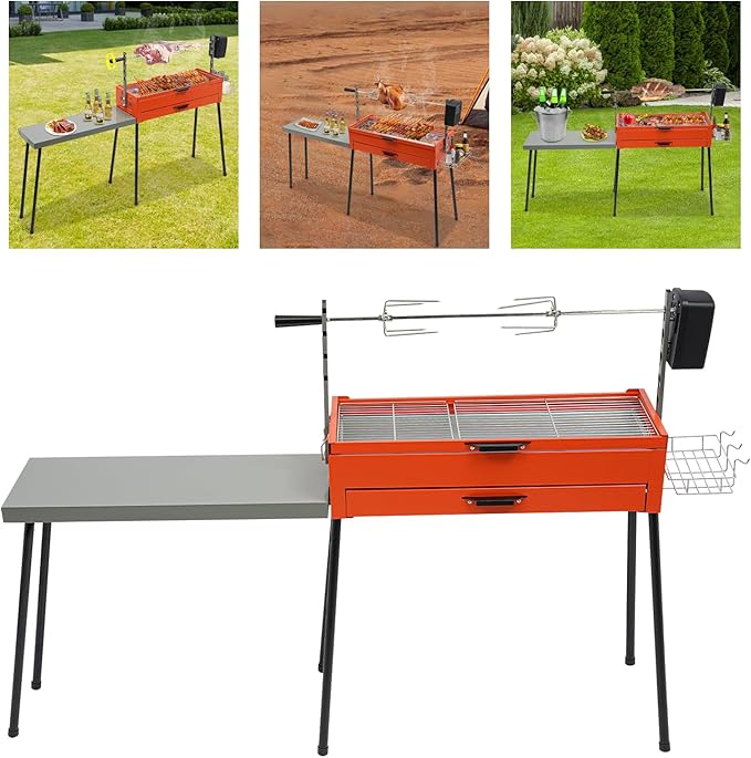 Barbecue Grill, 4W 220V Portable Charcoal Grills Height Adjustable Charcoal BBQ Grill Stainless Steel Chicken Grills Barbecue Tools with Side Table for Grilling Vegetables, Chicken Thighs, Steaks