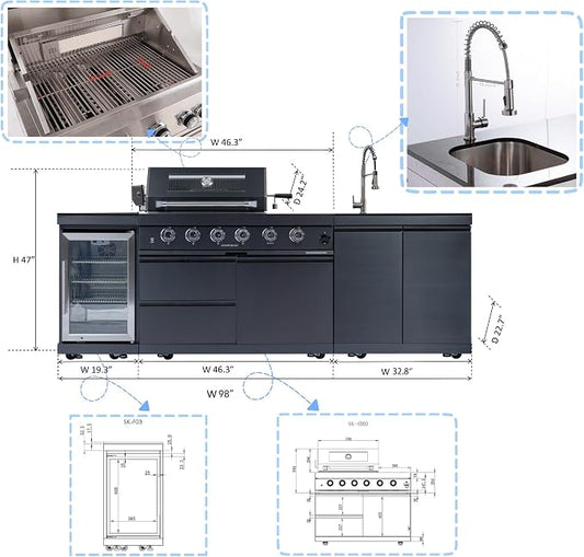 BBQ Island Outdoor Kitchen Kits, 4-Burner 72000 BTU Stainless Steel Modular 98 Inch Propane Gas Outdoor Kitchen Bar Barbecue Island Grill with Refrigerator and Sink for Patio Backyard