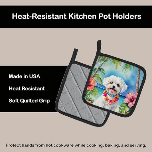 Caroline's Treasures Maltese Luau Pair of Pot Holders Kitchen Heat Resistant Pot Holders Sets Oven Hot Pads for Cooking Baking BBQ, 7 1/2 x 7 1/2