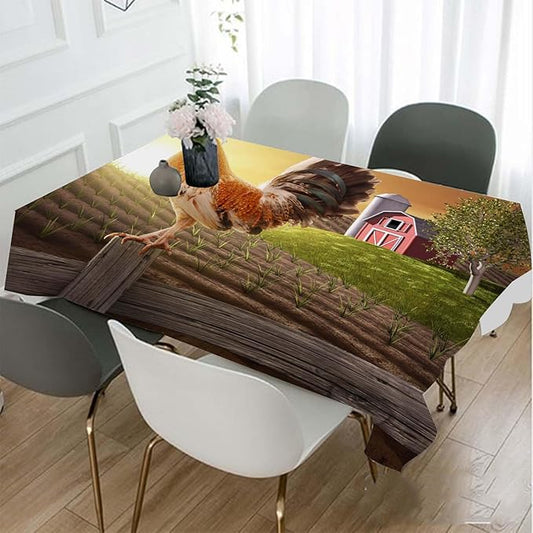 TKS MITLAN Rooster Decorative Rectangle Tablecloth Sunrise Rooster Hen Farm Fence Polyester Table Cloth Kitchen Cover for Dining BBQ Picnic Coffee Table 60 x 84 Inch 6-8 Seats