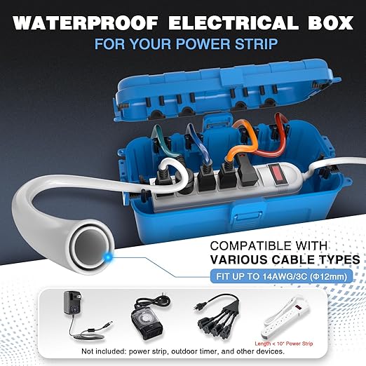 Flemoon Medium Outdoor Electrical Box (11.5x5.2x4 inch), IP54 Waterproof Extension Cord Cover w/6 Cable Entry Ports, Weatherproof Connection Box for Power Strip, Timer, Plug, Holiday Lights, Blue