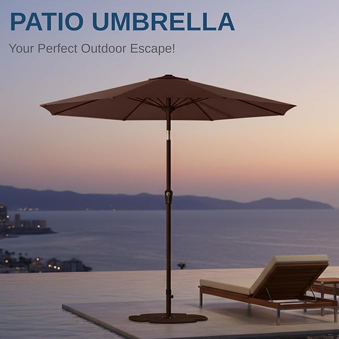 9ft Patio Umbrella with Push Button Tilt and Crank,Outdoor Market Table Umbrella UV Protection 8 Sturdy Ribs for Backyard,Garden,Pool,Deck(Brown)