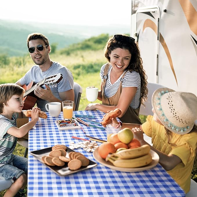 UMINEUX Rectangle Picnic Table Cover with Bench Covers, Fitted Vinyl Tablecloth for 6 FT Tables, Waterproof, Flannel Backing, Elastic Edge (30 x 72 Inch, Blue Plaid)