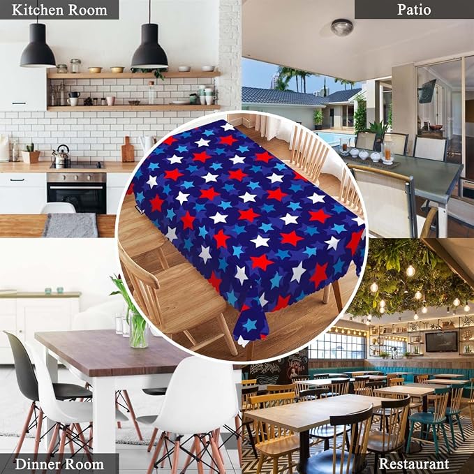 Swono 52x70 Inch Stars Tablecloth Patriotic American Flag Stars Confetti Farmhouse Dining Table Cloth Anti-Stain Talking Table Cover for Kitchen Dinning Room Coffee Store, Blue Red