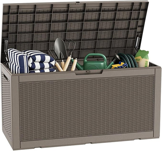Pepe Tee Waterproof Resin Deck Box, Outdoor Storage Bin for Patio Furniture Cushions, All-Weather Garden Organizer & Seating Bench, Coffee