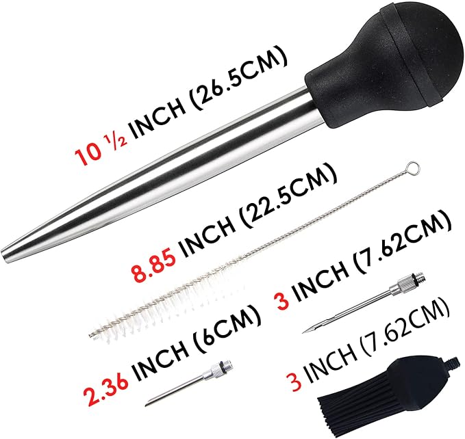 Best Utensils Stainless Steel Turkey Baster Commercial Grade Quality Rubber Bulb Including 2 Marinade Injector Needles And Silicone Basting Brush