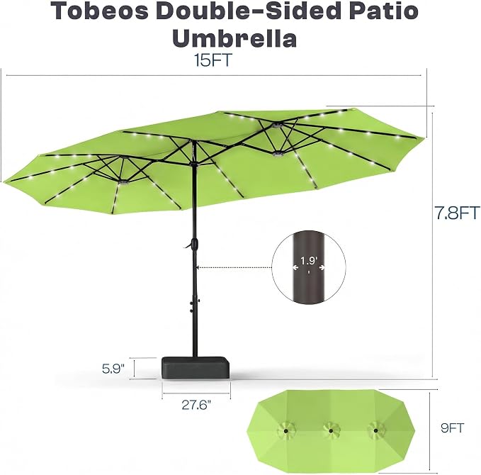 15ft Large Patio Umbrella with Solar Lights and Base, Double-Sided Outdoor Rectangle Umbrella with 48 LED Lights, Market Table Umbrellas with UV Resistant Canopy