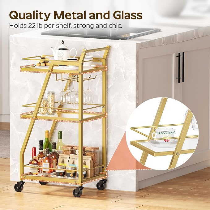Bar Cart, 3-Tier Home Bar Serving Cart with Wheels, Drink Cart with Glass Holder, Beverage Cart, Rolling Kitchen Cart, for Home, Living Room, Transparent and Gold BC03GD