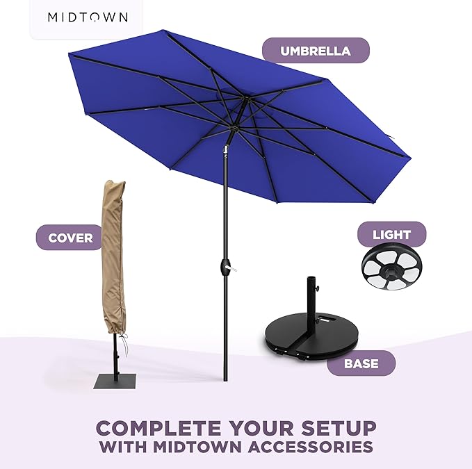 Midtown Umbrellas - 10-Year-No-Fade 8 Ft Patio Umbrella with Terylast Fabric, Auto-Tilt Aluminum Frame and 8 Reinforced Ribs for Deck, Pool, Garden & Beach - Royal Blue Canopy, Black Pole