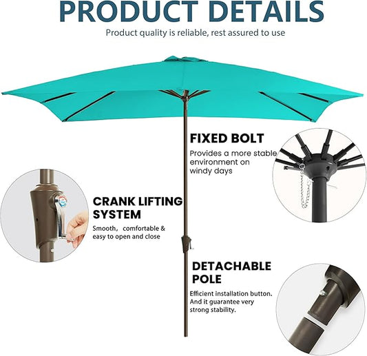 8x10FT Rectangular Patio Umbrella with Crank Lift for Garden,UV Protection Outdoor Umbrella for Deck,Pool and Yard,Turquoise