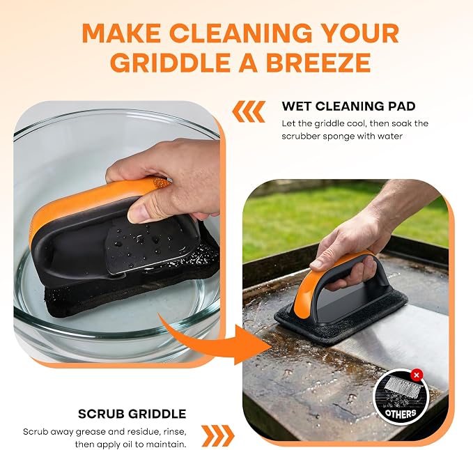 Griddle Cleaning Kit for Blackstone Rust Removal Restoration Pad | 3 Griddle Cleaning Pads & 1 Ergonomic Handle For Flat Top Grill, Brush with Flexible Steel Wire Layer Removes Stubborn Grease