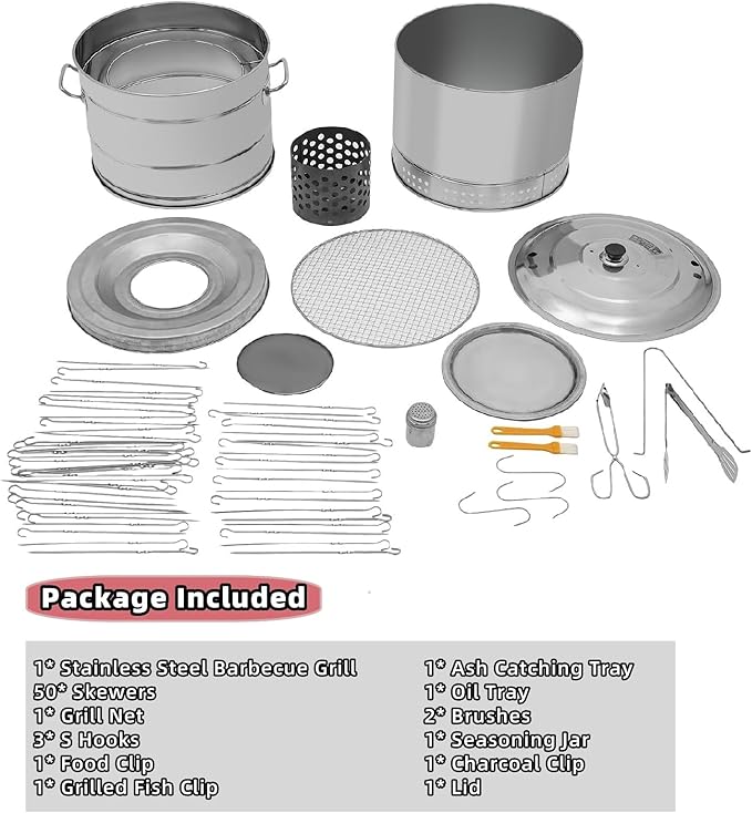 Large Portable Charcoal Grills, Stainless BBQ Grill Barrel, 360° Smokeless Outdoor Barbecue Grill for Travel Camping Grill Outdoor Cooking Picnic Patio Backyard (50 Skewers)