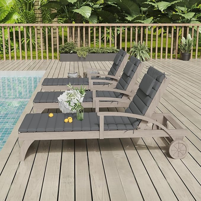 Sundale Outdoor Olefin Quilted Lounge Cushion Set of 4, Patio Foldable Chaise Lounger Cushion, Water-Resistant Lounge Chair Pad with Straps Medium Gray, 80 x 26 inches
