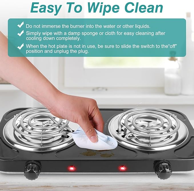 Electric Hot Plate,2000W Portable Electric Stove Countertop Double Coil Burners W/Dual Control&5 Level Temperature Control, Easy to Clean,Lightweight Cast Iron Countertop Stove for Home Camp RV 110V