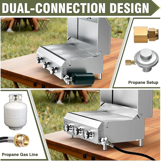 Bestfire 3-Burner Tabletop Propane Gas Grill with Dual Connections, 30,000 BTU Portable Propane Grill Fits Large Cylinders & Small Canisters, Stainless Steel Knobs, Compact Design for Camping, RV, BBQ
