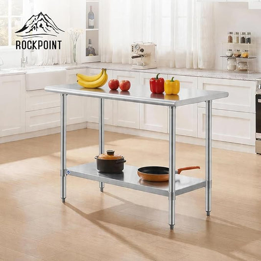 ROCKPOINT SS304 Top All Stainless Steel Table for Prep & Work 24x48 Inches, NSF Commercial Kitchen Heavy Duty Table with Adjustable Undershelf for Restaurant,Kitchen, Home and Hotel
