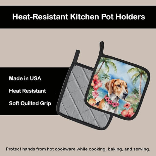 Caroline's Treasures English Foxhound Luau Pair of Pot Holders Kitchen Heat Resistant Pot Holders Sets Oven Hot Pads for Cooking Baking BBQ, 7 1/2 x 7 1/2