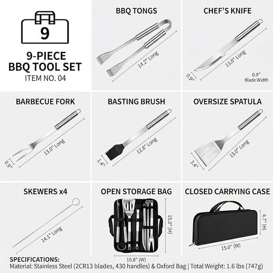 9-Piece Stainless Steel BBQ Tool Set with Carry Bag, Grill Utensils Kit with Spatula, Fork, Tongs, Knife, Skewers, Oil Brush for Outdoor Grill, Camping, Tailgating, Cookouts, BBQ Gifts