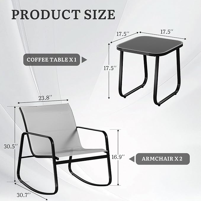 DWVO 3 Piece Rocking Patio Furniture Set Textilene Patio Set Outdoors Grey | Heavy-duty Small Patio Furniture Set w/Breathable Fabric, Smooth Rocking, Tempered Glass Table, Easy Assembly and Cleaning