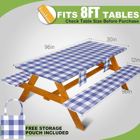 Wrakus Picnic Table Cover with Bench Covers Vinyl Elastic Edges Fitted Rectangle Seat Tables Waterproof 3-Piece96X30in Set Outdoor Rectangular Folding Backing Tablecloth for Camping Over Size