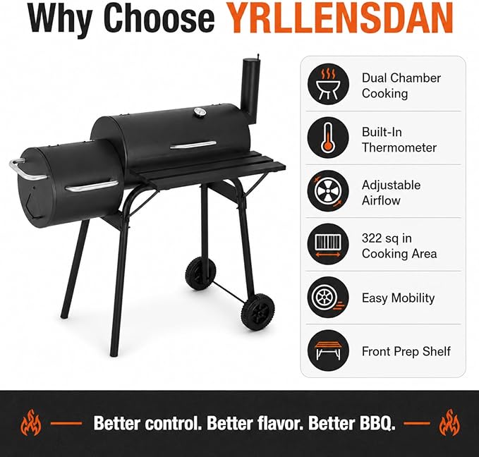 Outdoor Charcoal Grill & Smoker Combo - Dual Chamber, Heavy-Duty Steel, Black - Ideal for BBQ, Backyard Cooking, Camping - Portable Grill with Enhanced Thermometer, Easy Mobility,camping grill