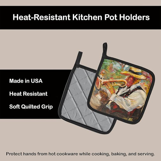 Caroline's Treasures JMK1276PTHD Jazz Trumpet Pair of Pot Holders Kitchen Heat Resistant Pot Holders Sets Oven Hot Pads for Cooking Baking BBQ, 7 1/2 x 7 1/2