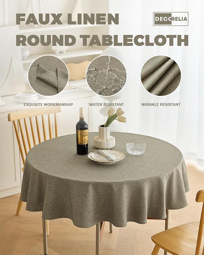 Decorelia Waterproof Round Tablecloth for Round Dining Table, Decorative Rustic Soft Wipeable Table Cloths Cover Indoor Outdoor Use for Holiday,Wedding, Kitchen (70 Inch,Round (4-6 Seats),Natural)