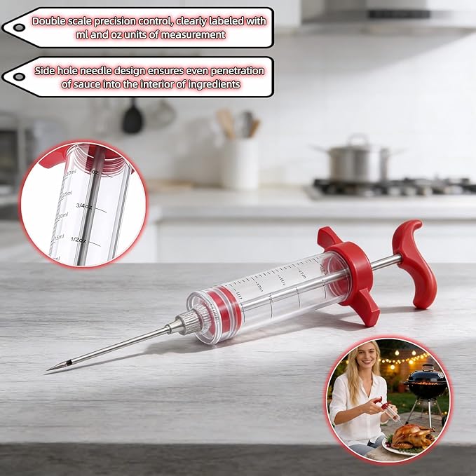 Meat Injector Syringe with Cleaning Brush,30ml/1oz Capacity Turkey Injector with 3"Needle,1 oz Brining Kit for Effortless Marinating-Perfect for BBQ,Chicken,Thanksgiving Turkey,Steak&Grill