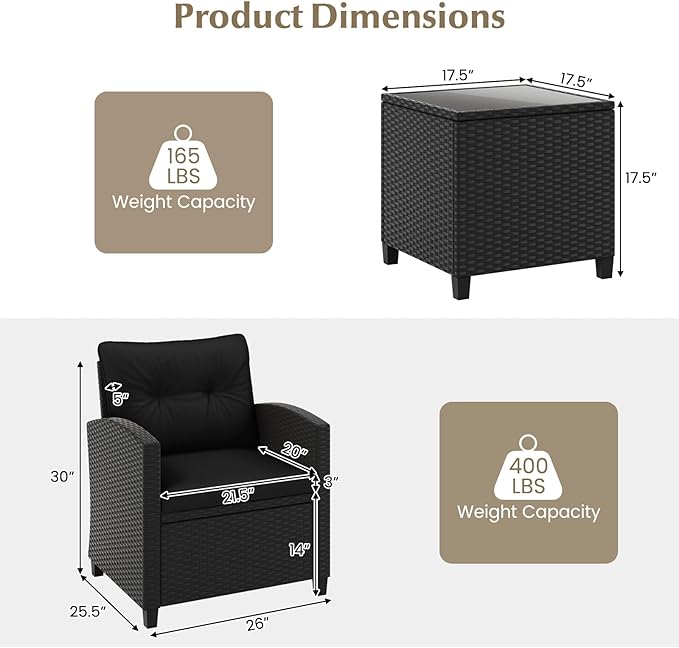 HAPPYGRILL 3 Pieces Wicker Patio Conversation Set, PE Rattan Bistro Sofa Set with Tempered Glass Coffee Table, Washable Cushions, Outdoor Furniture Set for Garden Poolside Balcony (Black)
