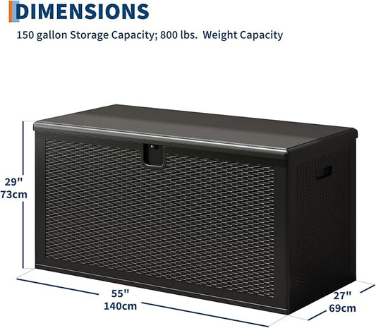Garvee 150 gal Large Resin Deck Box, Waterproof & Weatherproof Outdoor Storage Box, Lockable Pool Storage Bin with Lid for Porch Patio Garden Backyard, Black