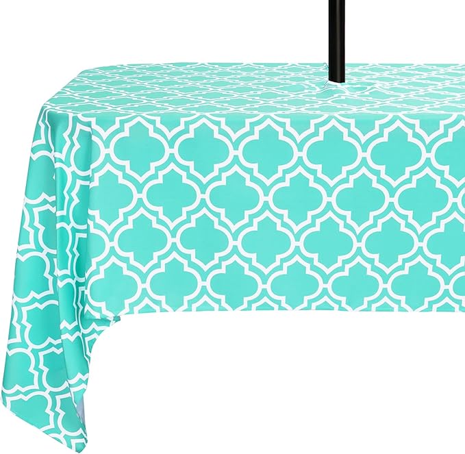 Poise3EHome Outdoor Tablecloth Rectangle with Umbrella Hole Waterproof Spillproof for Patio Table Picnic Camping Spring Summer, Aqua Blue (60X104 Zipper)