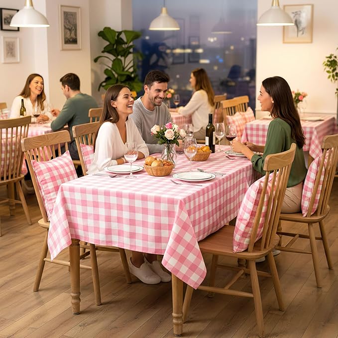 B-COOL Pink Plaid Tablecloth Checkered Fabric Cover 56x120 Inch Table Cloths, Valentines Party Picnic Decorative Gingham Tablecloths, Sturdy Rectangle Pink and White Checkered Cover Decorations