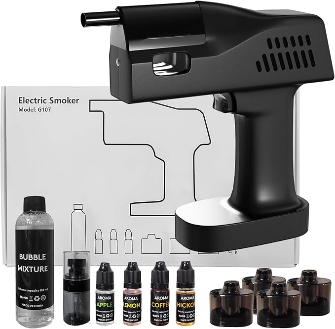 Electric Cocktail Bubble Smoke Gun Kit for Bar and Home Use-Aroma Gun Set Includes 4 Flavour Aromas and Edible Bubbles -for Enhancing Food and Drink Flavors Gift for Men/Dad/Husband/Bartender