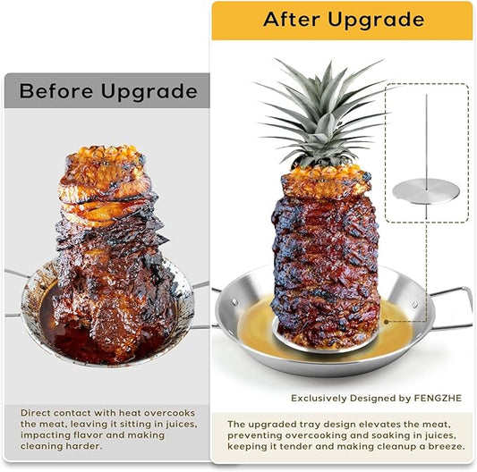 Fengzhe Al Pastor Skewer for Grill, Stainless Steel Vertical Skewer, Brazilian Spit Stand with 3 Spikes,2 Brushes,Ideal for Tacos Al Pastor,Shawarma, Kebabs on Smoker, Oven,with Fat Separator Tray.