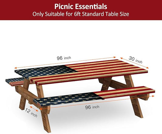 8 ft 96 in Picnic Table and Bench Cover, 3 Pack, US Flag | Drawstring Bag, Waterproof Windproof, Elastic Fitted Edges Tablecloth, for Rectangle Table & Seat, Camping Essentials RV Gear