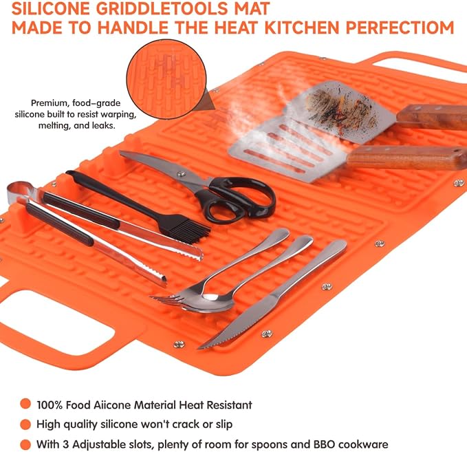 LIONROGE Large Silicone Grill Mat, Foldable Silicone Griddle Tools Spatula Mat with Drip Pad & Handle & Snap Buttons, Portable BBQ Side Shelf Mats Grill Pad for Blackstone Griddles Accessories,Orange