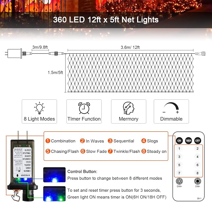 JMEXSUSS 360 LED Halloween Net Lights, Orange, 12ft x 5ft | Outdoor Waterproof, Connectable, Plug in, Mesh Lights with Remote for Bushes Shrubs Christmas Halloween Decorations