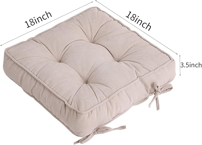 Tiita Patio Chair Pads Cushions 18x18 Inch Square Floor Pillows Pad for Outdoor Kitchen Dining Chairs with Ties Set of 2 (Beige, 2 Count (Pack of 1))
