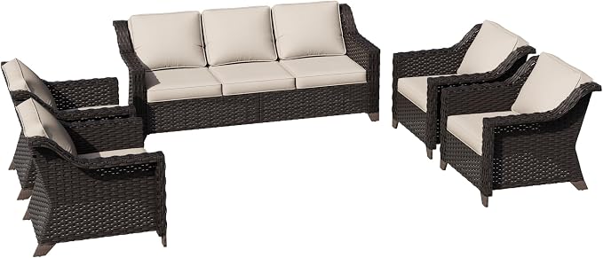 5 Piece Patio Furniture Set, Wicker Outdoor Conversation Set | Patio Chair Set with Olefin Removable Cushion, All-Weather Outdoor Couch with Deep Seat for Porch, Deck and Backyard, Beige