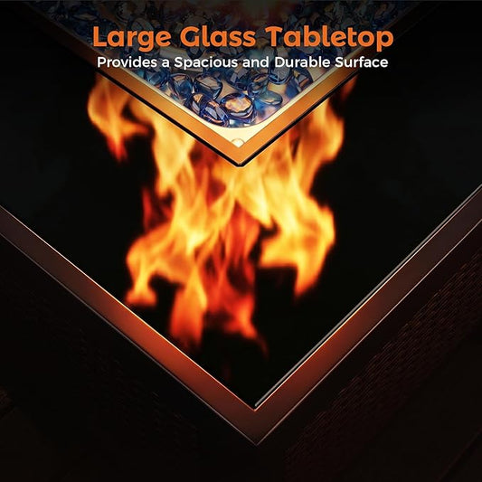 BALI OUTDOORS 32 inch Glass Tabletop Propane Fire Pit Outdoor, 50,000 BTU Propane Fire Pit Table Square, Gas Firepits for Outside Patio, Garden, Brown