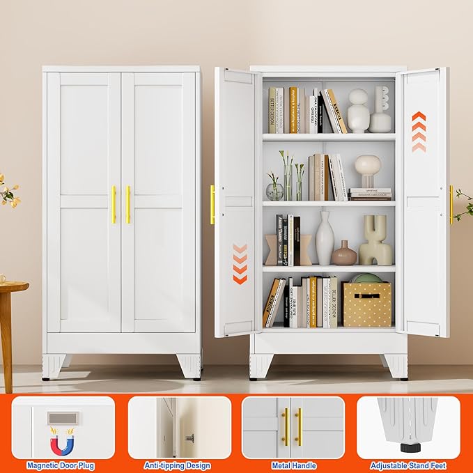 GAIOUS 47.2" Tall Metal Garage Storage Cabinet,File Cabinet with Door and Adjustable Shelves, Outdoor Steel Tool Cabinet for Home,Office,Warehouse,Garage,White