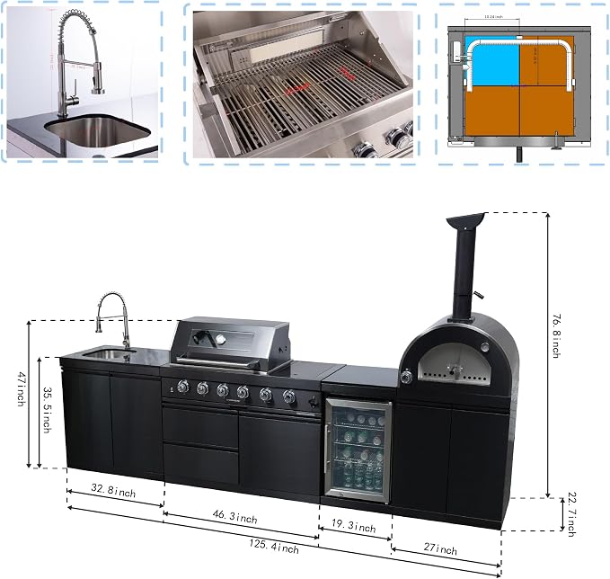 125" Outdoor Kitchen Island,Natural Gas Grill with Pizza Oven,108000 BTU. | Stainless Steel Grill with Side Burner,Rotisserie,Refrigerator,Sink,Granite Countertop,Storage Cabinets.Sleek Black Finish