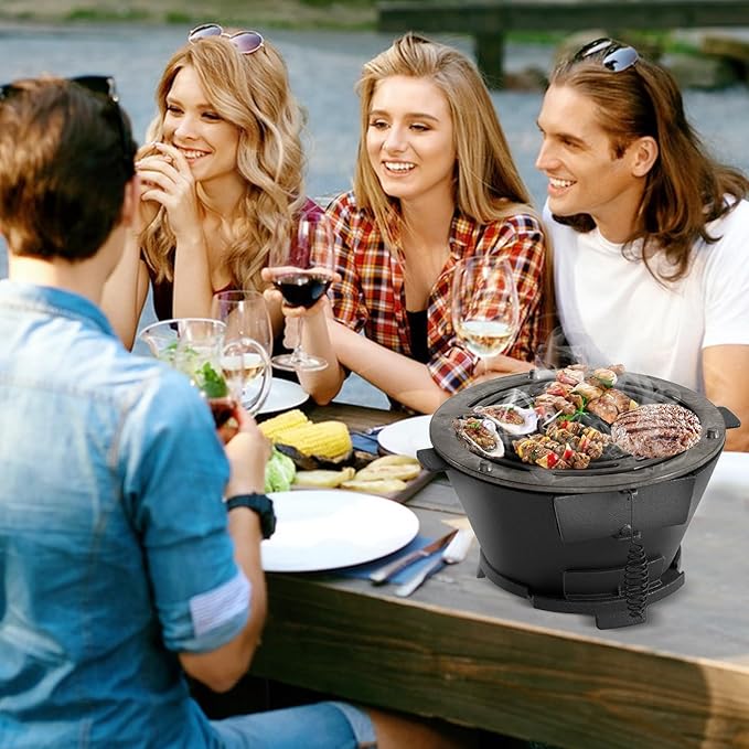 Hibachi Grill, Portable Cast Iron Charcoal Grill with Air Regulating Door & Fire Gate, Grate Lifter, Small Tabletop Japanese Yakitori Grill for Outdoor Camping, Picnic, Party (Round)