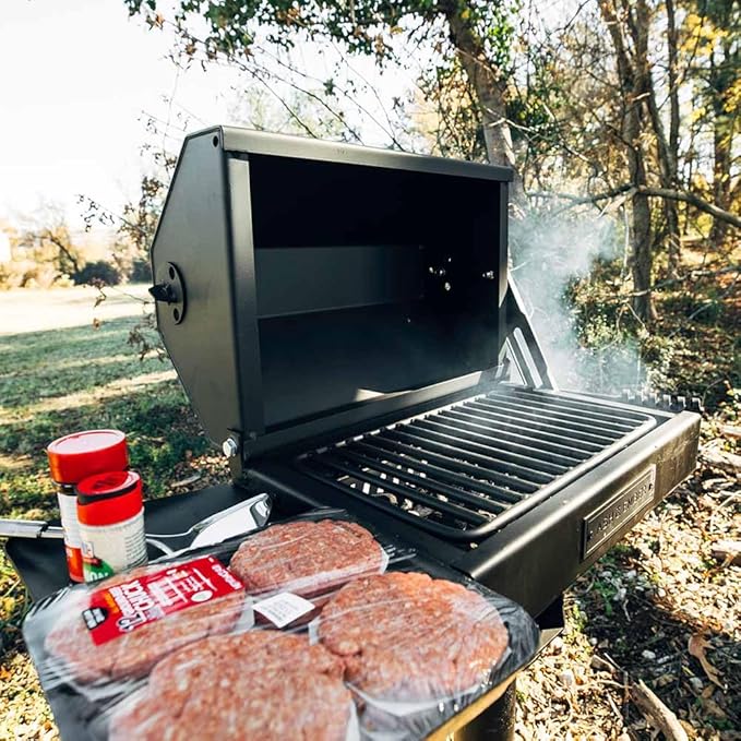 Ash & Ember Park-Style Grill/Smoker, 260 Sq In Charcoal Grill with Cover, 17.5"x11.5" Grate, Side Shelf for Food Prep, Single Post Permanent Park-Style Grill for Outdoor Backyard BBQ
