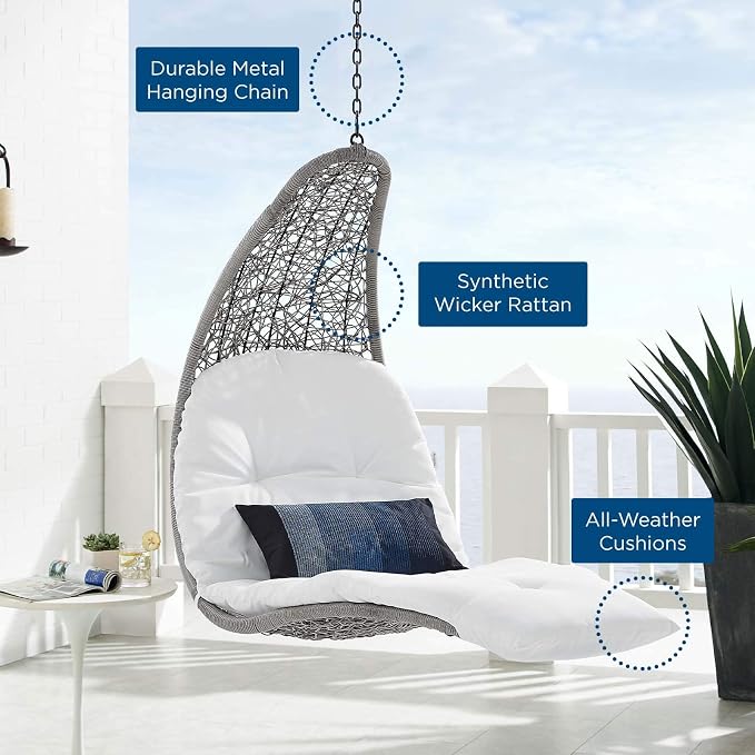 Modway Landscape Wicker Rattan Outdoor Patio Porch Chaise Lounge Hanging Swing Chair in Light Gray, White