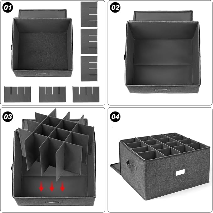 popoly Stemware Storage Cases 2 Pack, Wine Glass Storage Box Containers | Glassware Storage Containers for Glassware or Crystal, Holds 32 Red or White Wine Glasses, Hard Top and Stackable (Grey)